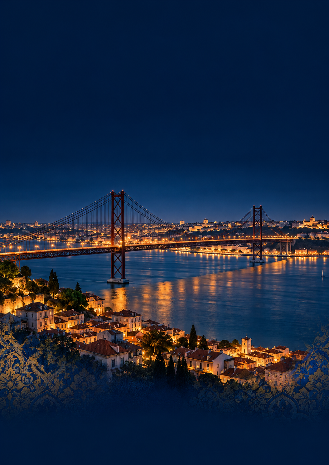 Paisagem de Lisboa e ponte 25 de Abril ao pôr do sol